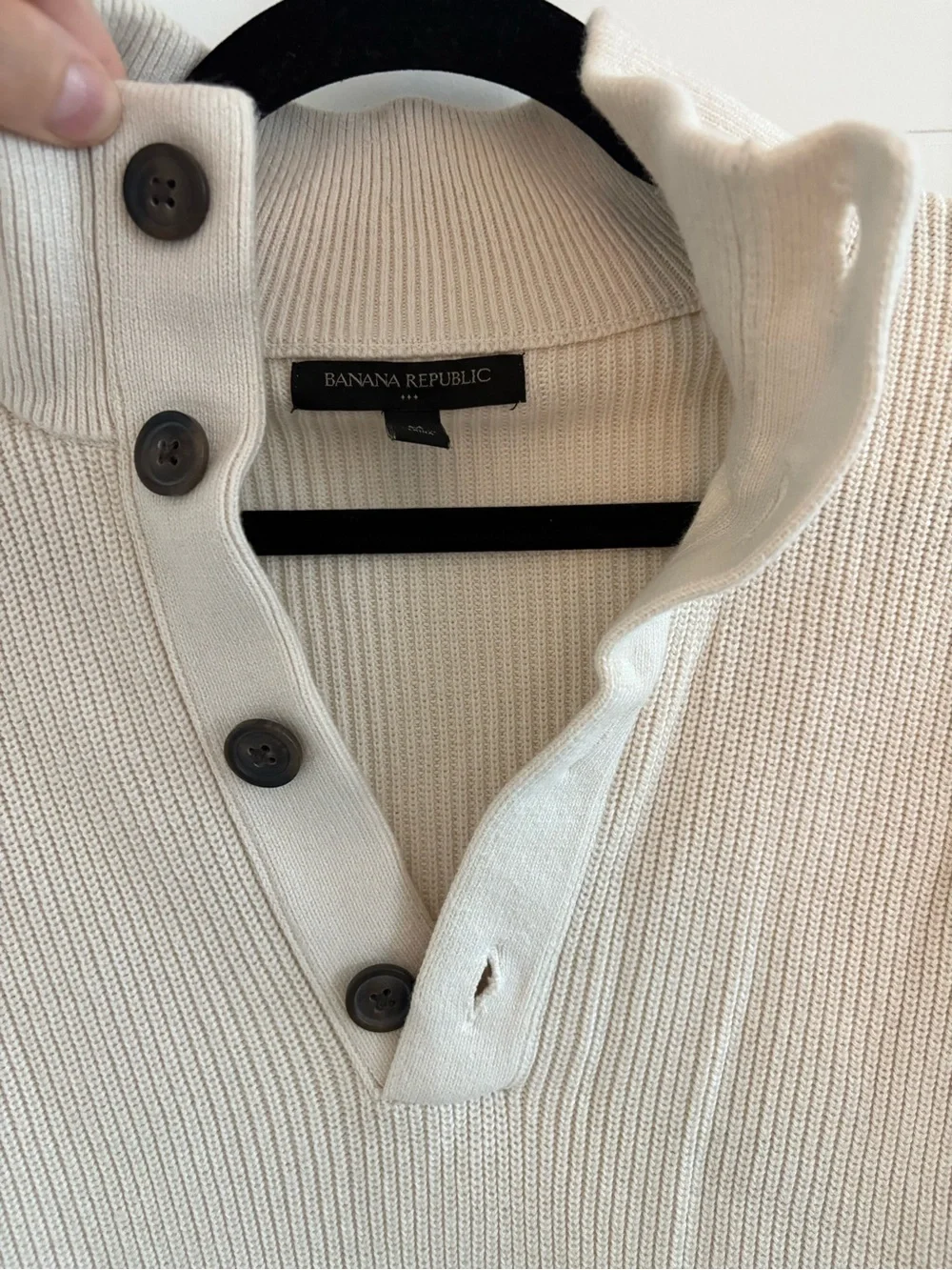 Banana Republic Men's Cream Ribbed Button-Neck Turtleneck Sweater 100% Cotton
